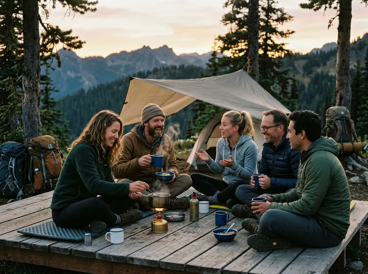 Groupe de participants sous une bâche de bivouac en pleine nature